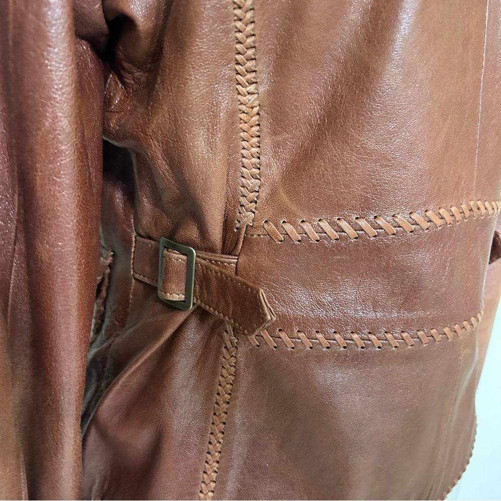 Y2K Aqua Cognac Brown Western Style Leather Blazer Floral Whipstitched Jacket M - Picture 5 of 8